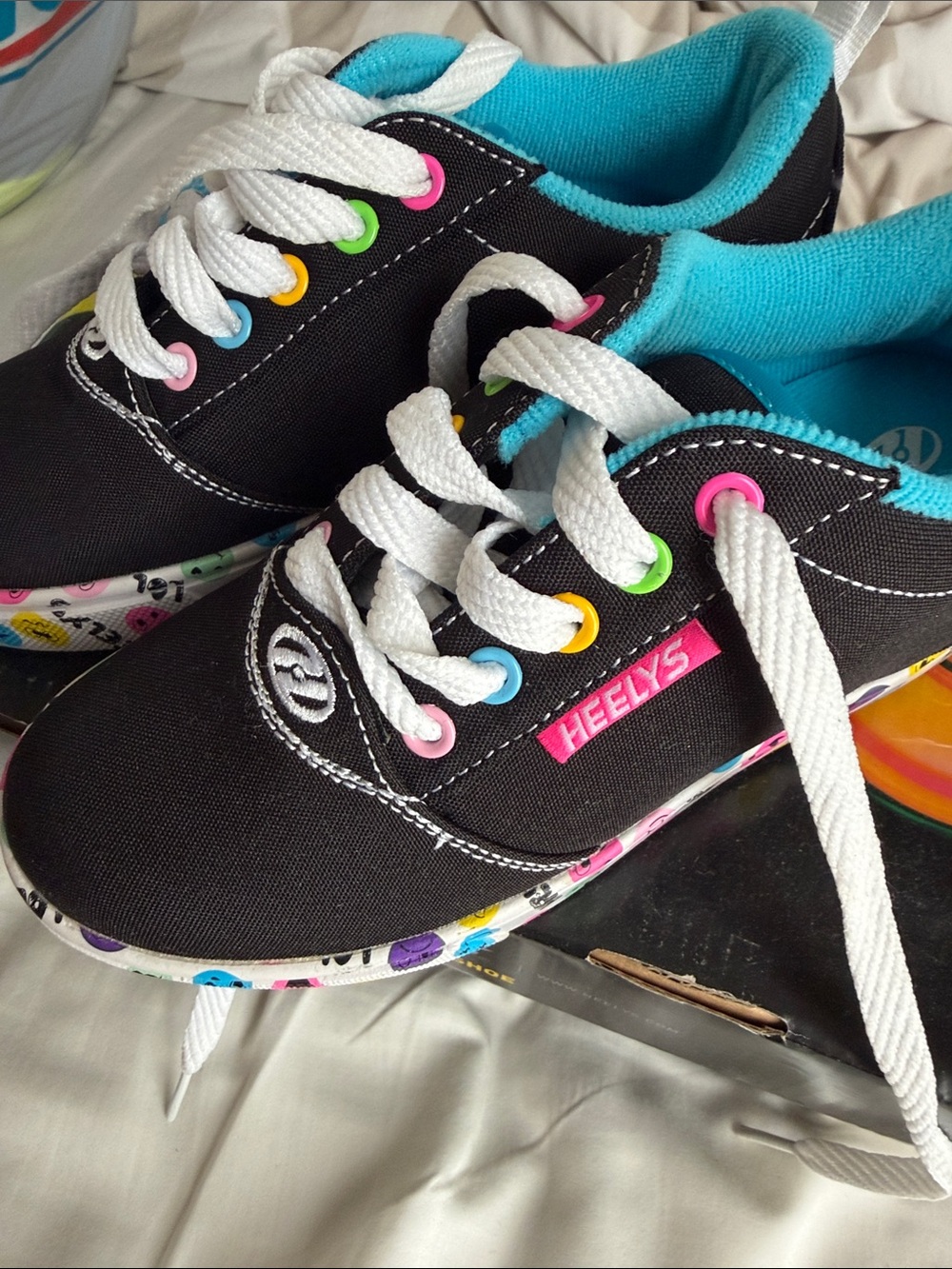 Heelys Black Sneakers with Turquoise Lining and Rainbow Eyelets
